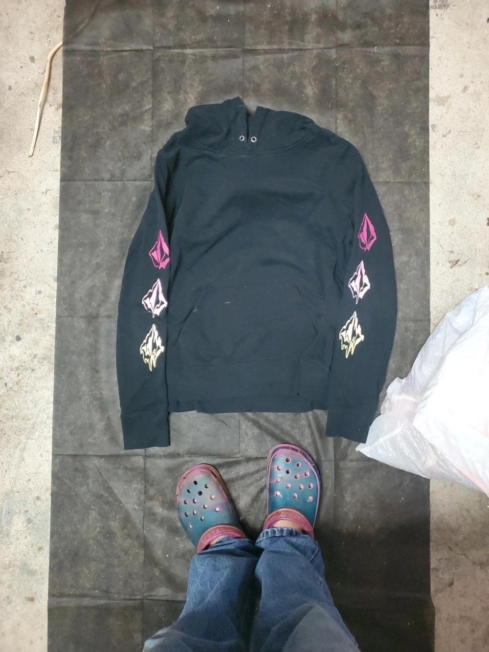 Volcom Black Crewneck Sweater with Pink, Purple & Cream Sleeve Logos